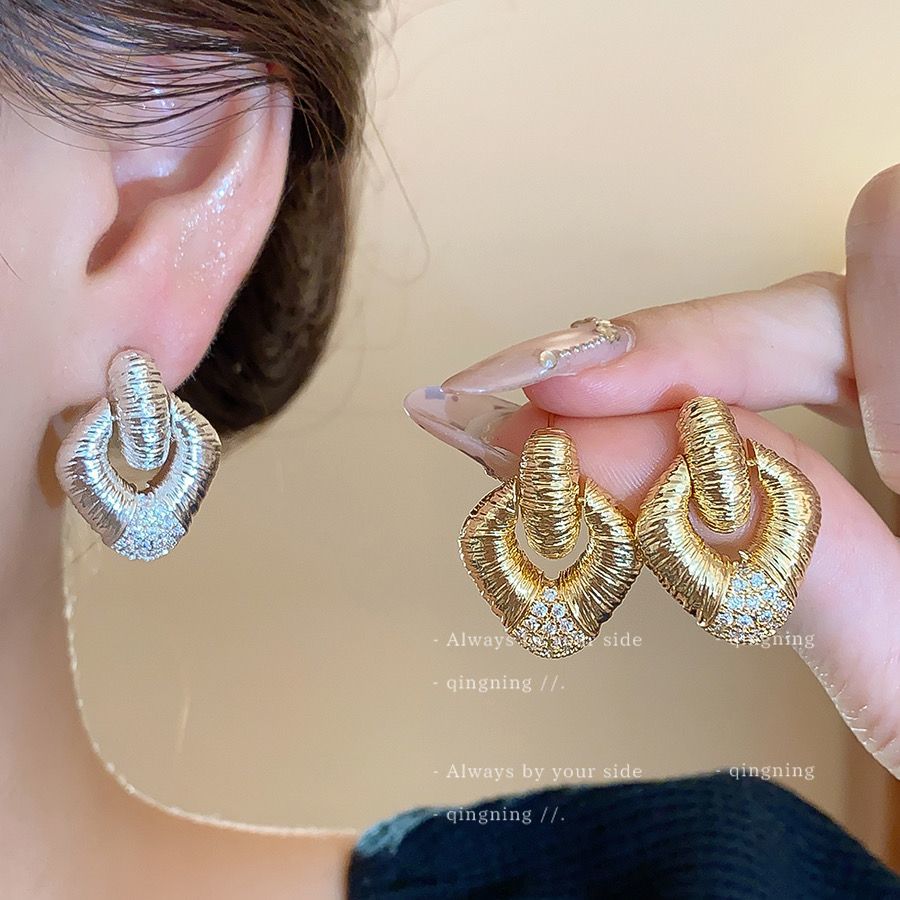 Diamond Studded Rhombus Geometric Earrings, Luxury Chic Women's Fashion Jewelry