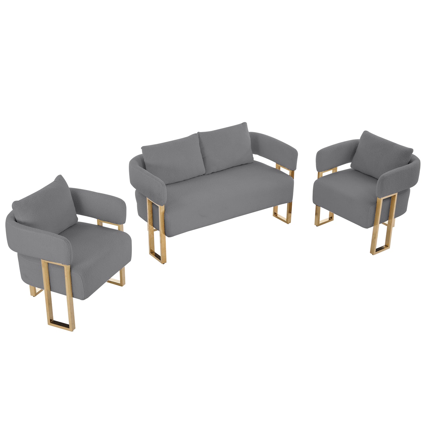 TS Modern Decorative Chair, Living Room Side Chair With Gold Metal Legs, No Wheels, Suitable For Dressing Area, Reception Room, Office,Teddy Fleece Upholstered Metal Foot Sofas Grey Combo Set