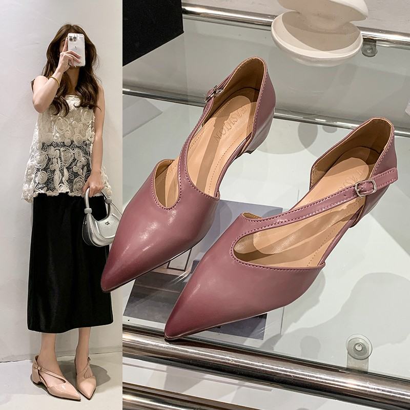 Women French Pointed Toe Low Cut Block Heel Pumps, Professional Commute Shoes, Ankle Strap Mid Heel Elegant Fashion Mary Jane Shoes