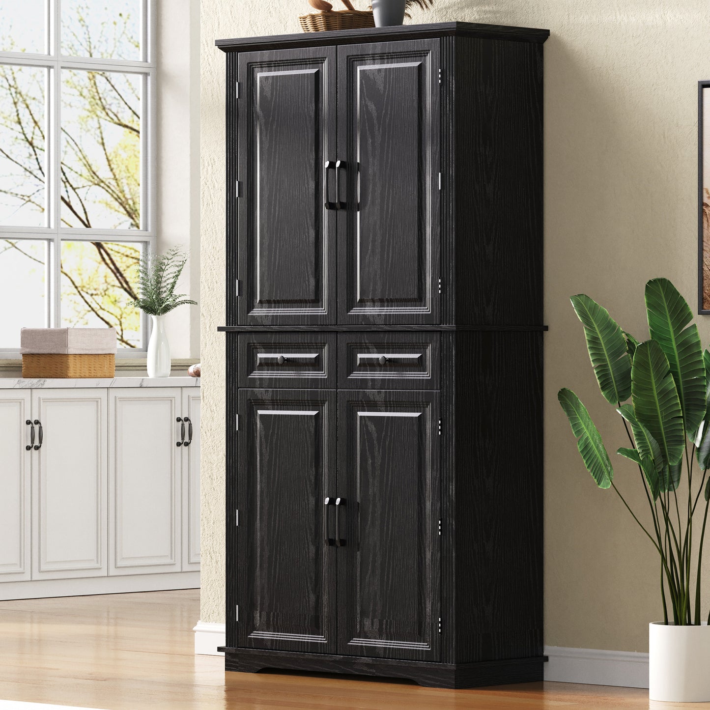 K&K 71   Tall Kitchen Pantry Cabinet With 3 Pull Out Cabinet Organizers, Farmhouse Embossed Texture Storage Cabinet With 6 Door Shelves, 2 Drawers, Freestanding Cupboard For Kitchen, Dining Room Black