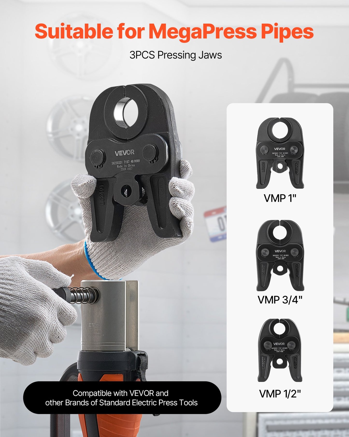 MegaPress Jaws, 3PCS Pressing Jaws 1/2", 3/4" & 1" For MegaPress Carbon Steel Pipes, Compatible With Standard Press Tools, Includes Carrying Case