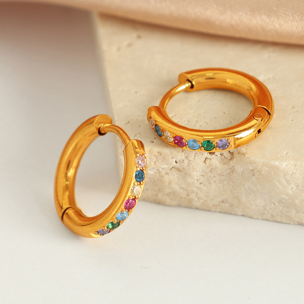 Foreign Trade European And American Fashion Korean-Style Round Micro-Inlay Colorful Zircon Earrings