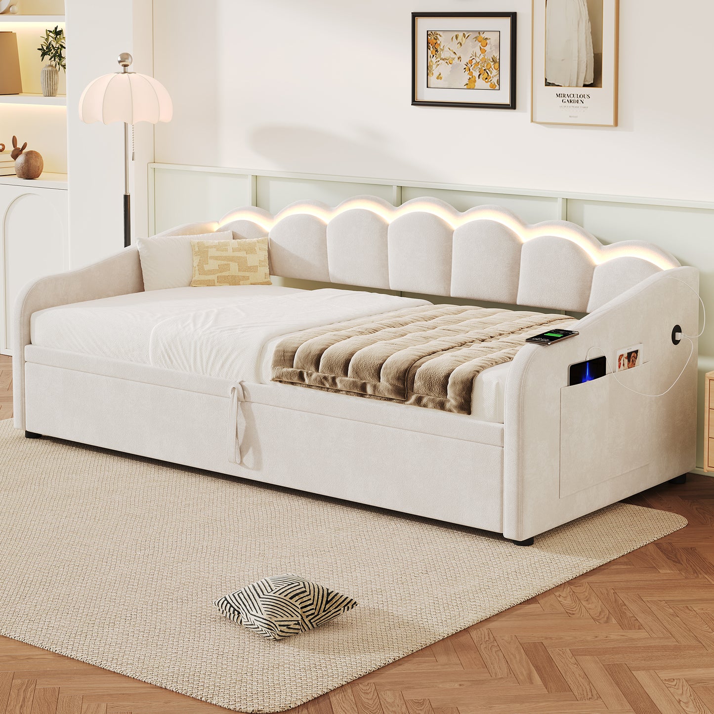 Upholstered Bed 90x190cm, Daybed, RGB LED Sofa Bed With Charging Station, 3ft Petal Shape Single Bed With Hydraulic Storage For Living Room   Bedroom   Study Room, Velvet, Beige   No Mattress