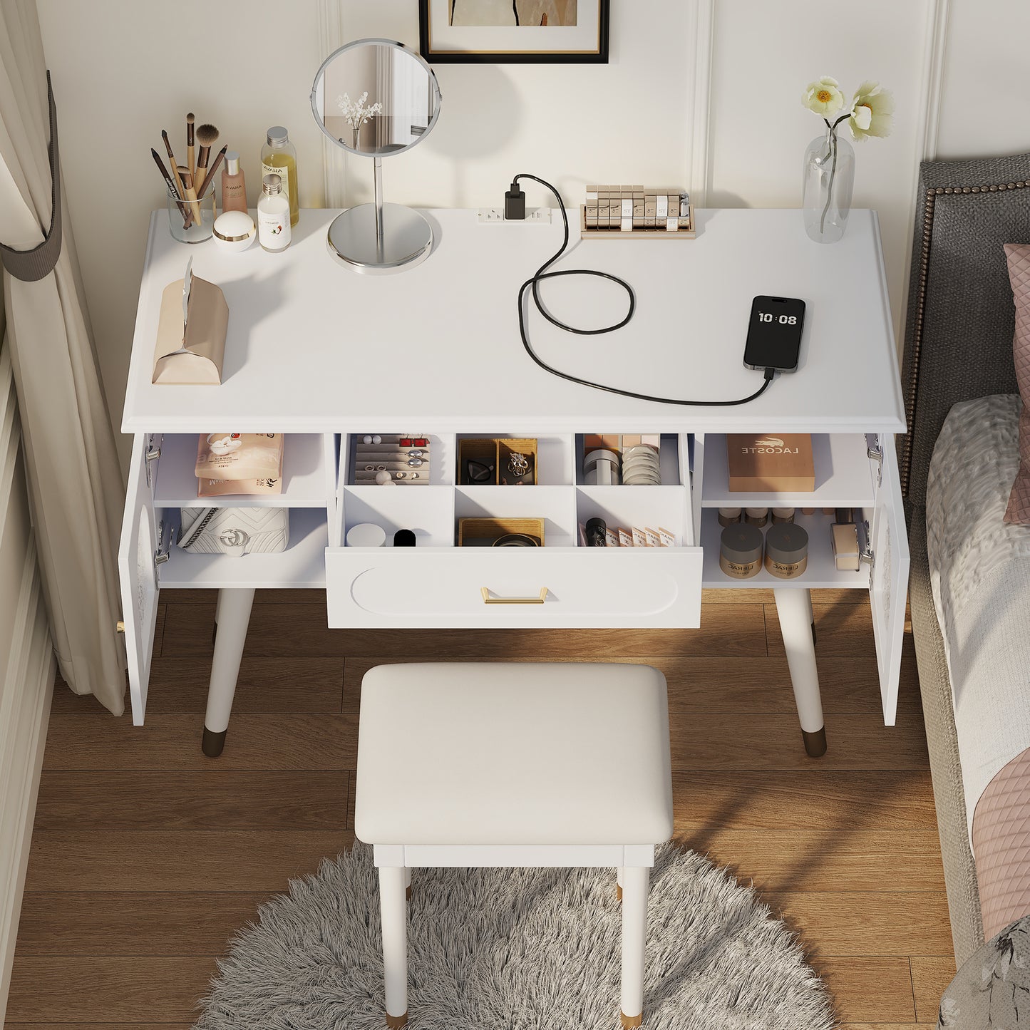Elegant Vanity Makeup Table & Chair Set, Modern Dressing Table With Organizer, Writing Desk, Charging Port, White