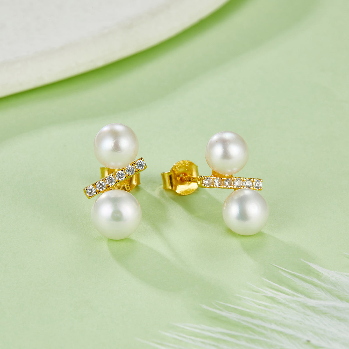 S925 Sterling Silver Natural Freshwater Pearl Stud Earrings For Women, Geometric Bar Design, 1g Lightweight, Platinum Gold Plated, Gift Box