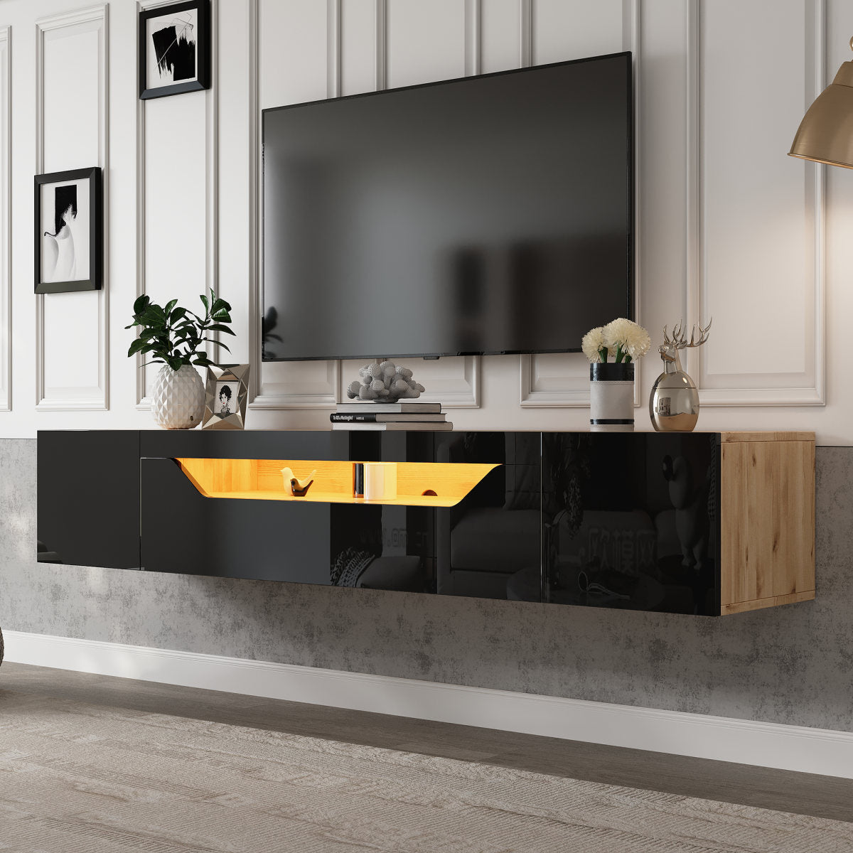 TV Cabinet With 3 Storage Compartments, Lowboard, Floating Wall-mounted TV Unit, High-gloss TV Cabinet With LED Light, TV Table, Wall-mountable, Suitable For 75-inch TVs, Black  Original