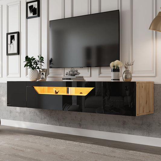 TV Cabinet With 3 Storage Compartments, Lowboard, Floating Wall-mounted TV Unit, High-gloss TV Cabinet With LED Light, TV Table, Wall-mountable, Suitable For 75-inch TVs, Black  Original