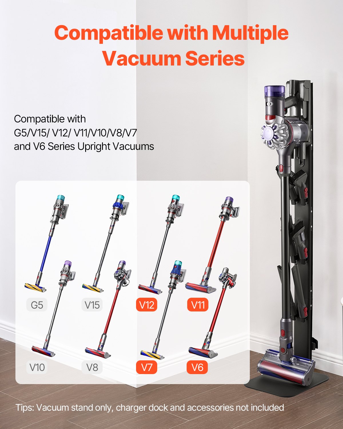 Vacuum Stand, Compatible With Dyson G5 V15 V12 V11 V10 V8 V7 V6 Series Upright Vacuums Cleaners & Accessories, Stable Vacuum Stand Holder With 6 Hooks And Non-slip Footpads, Black