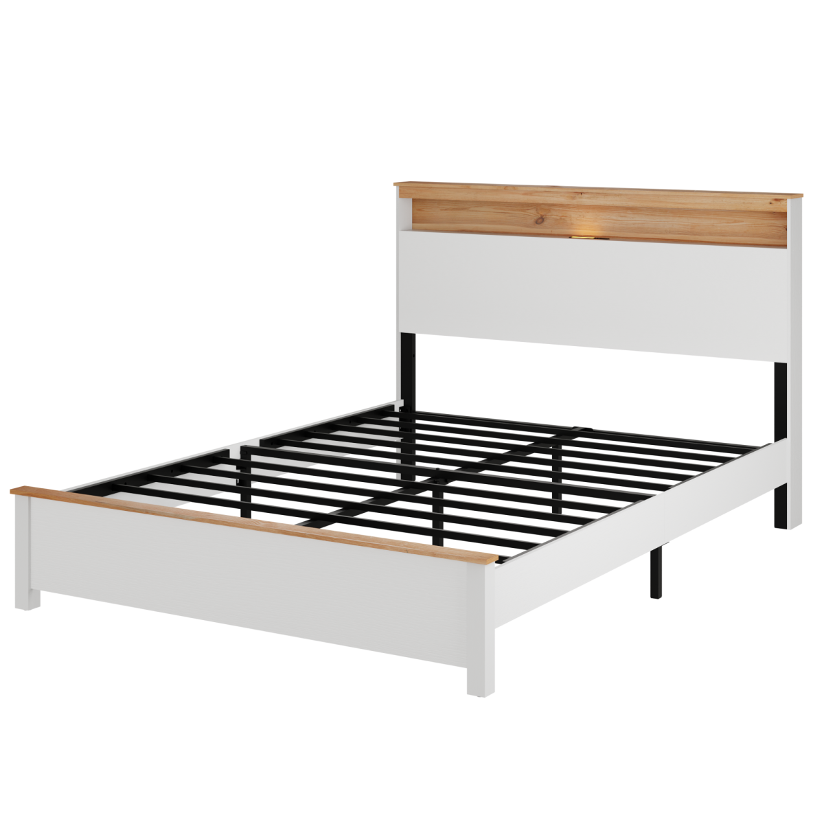 Full Farmhouse Wood Bed Frame With Storage Headboard & Charging Station, White