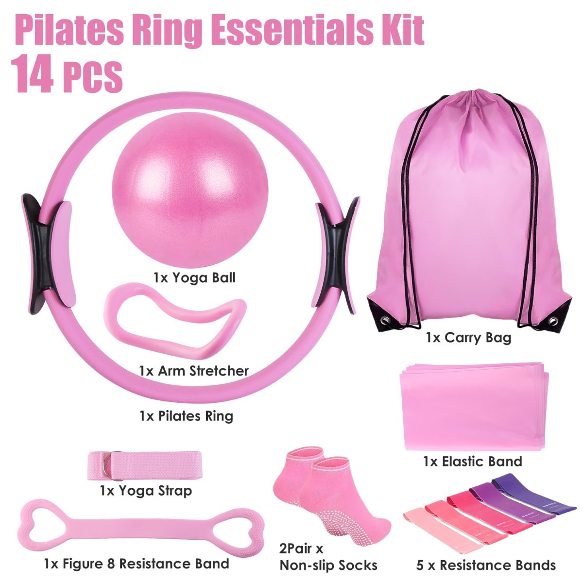 14Pcs Per Set Pilates Ring Kit For Women Exercising With Yoga Ball Arm Stretcher 5 Resistant Bands 8 Resistant Band Elastic Band Non-slip Socks Yoga Strap