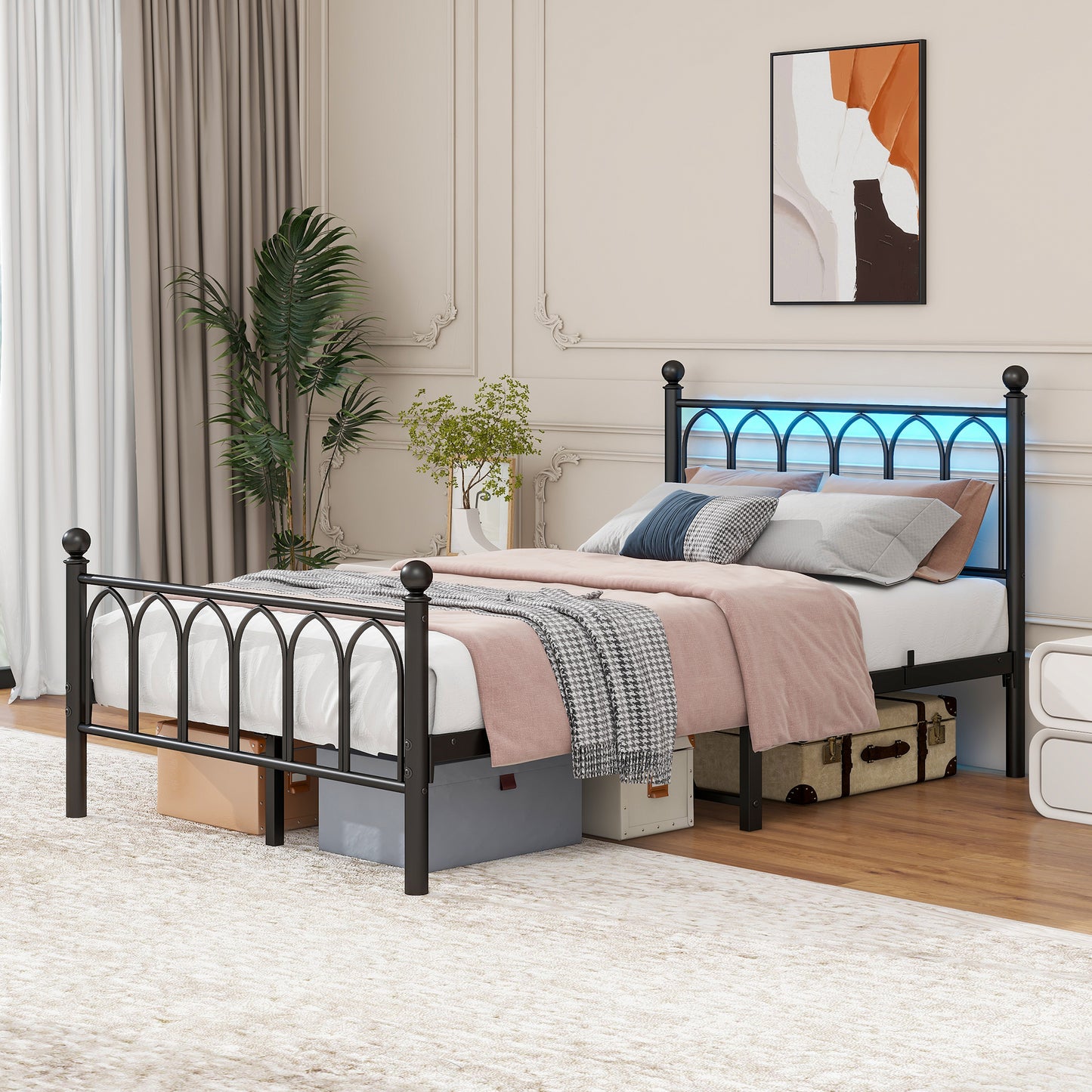 120x200cm Metal Bed Frame With Vintage Head And Footplate, USB Charging Station, LED Bed Frame, Heavy Duty Steel Slat Support, Range Underbed Storage, No Box Spring Required, Black