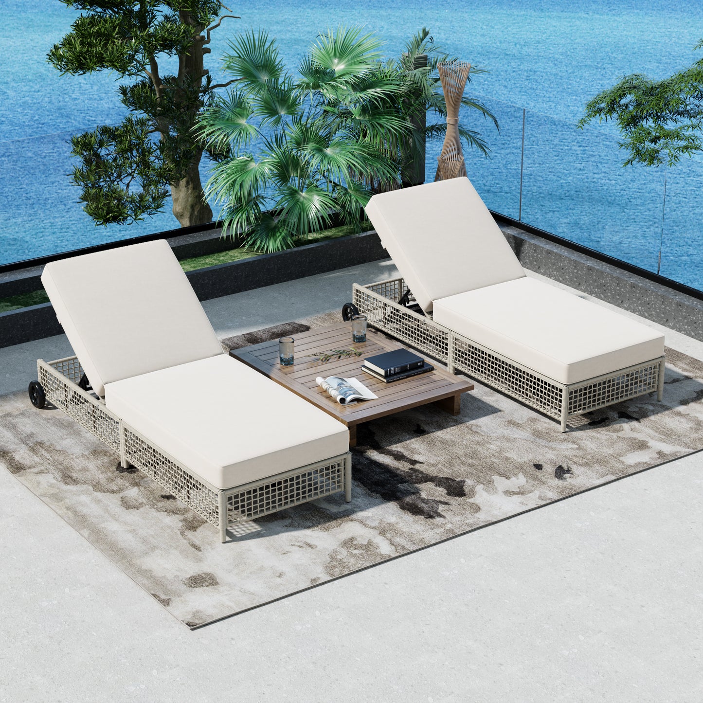 TREXM Outdoor Lounge Chair, Patio Chaise Lounge With 5-Position Backrest, Rattan Outdoor Lounge Chair With Cushion And Wheels For Poolside, Backyard, Garden  Beige Cushion Creamy White