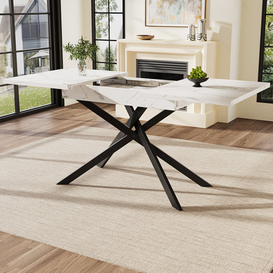 Telescopic Dining Table  120-160cm   ,Extendable Dining Table ,Space Saving Kitchen Table,Black Crossed Iron Legs,For Kitchen And Living Room,White Marbled Dining Table