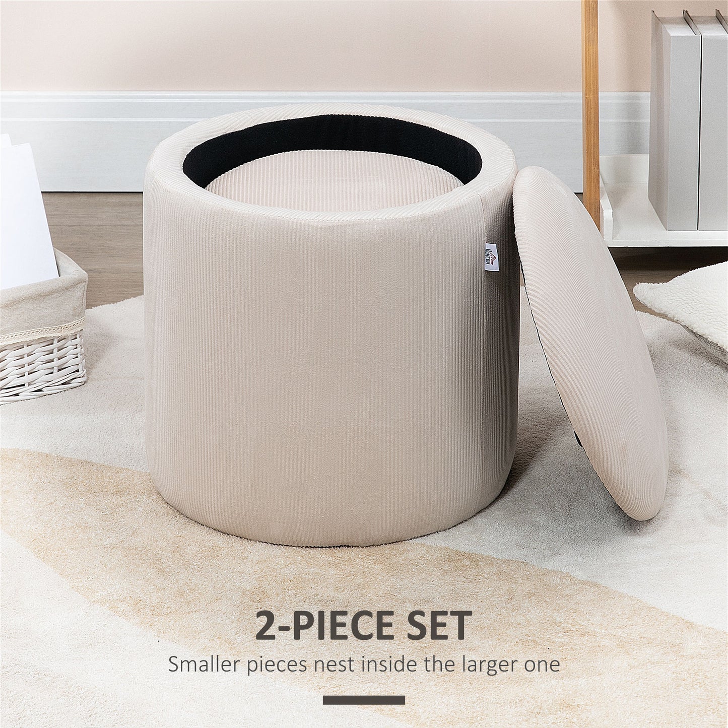 Set Of 2 Round Ottoman With Storage, Fabric Vanity Stool For Makeup, Footrest Stool With Removable Lid For Living Room & Bedroom, Cream White