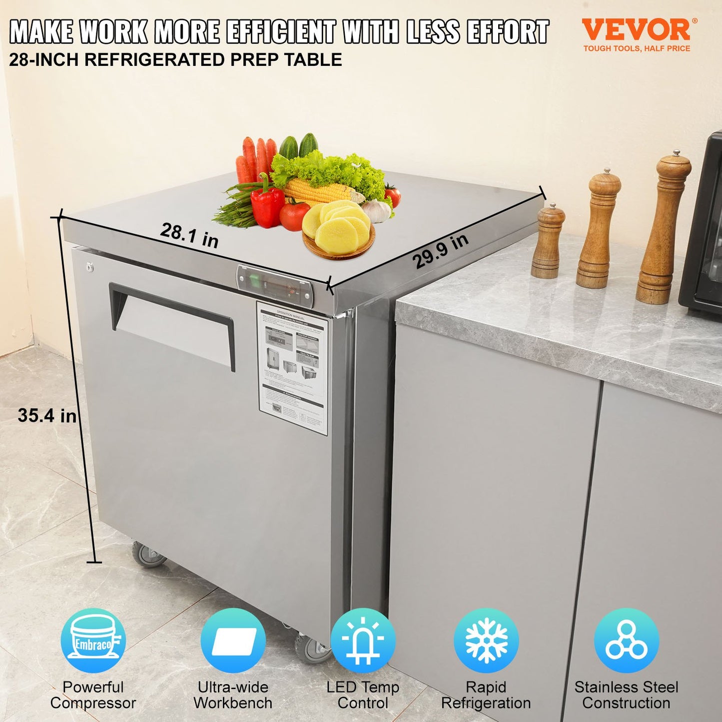 Commercial Refrigerator, 28' Undercounter Worktop Refrigerator, 7.4 Cu. Ft Thick Stainless Steel Refrigerated Food Prep Station Fan Cooling Single Door Worktop Fridge With Lock For Bar