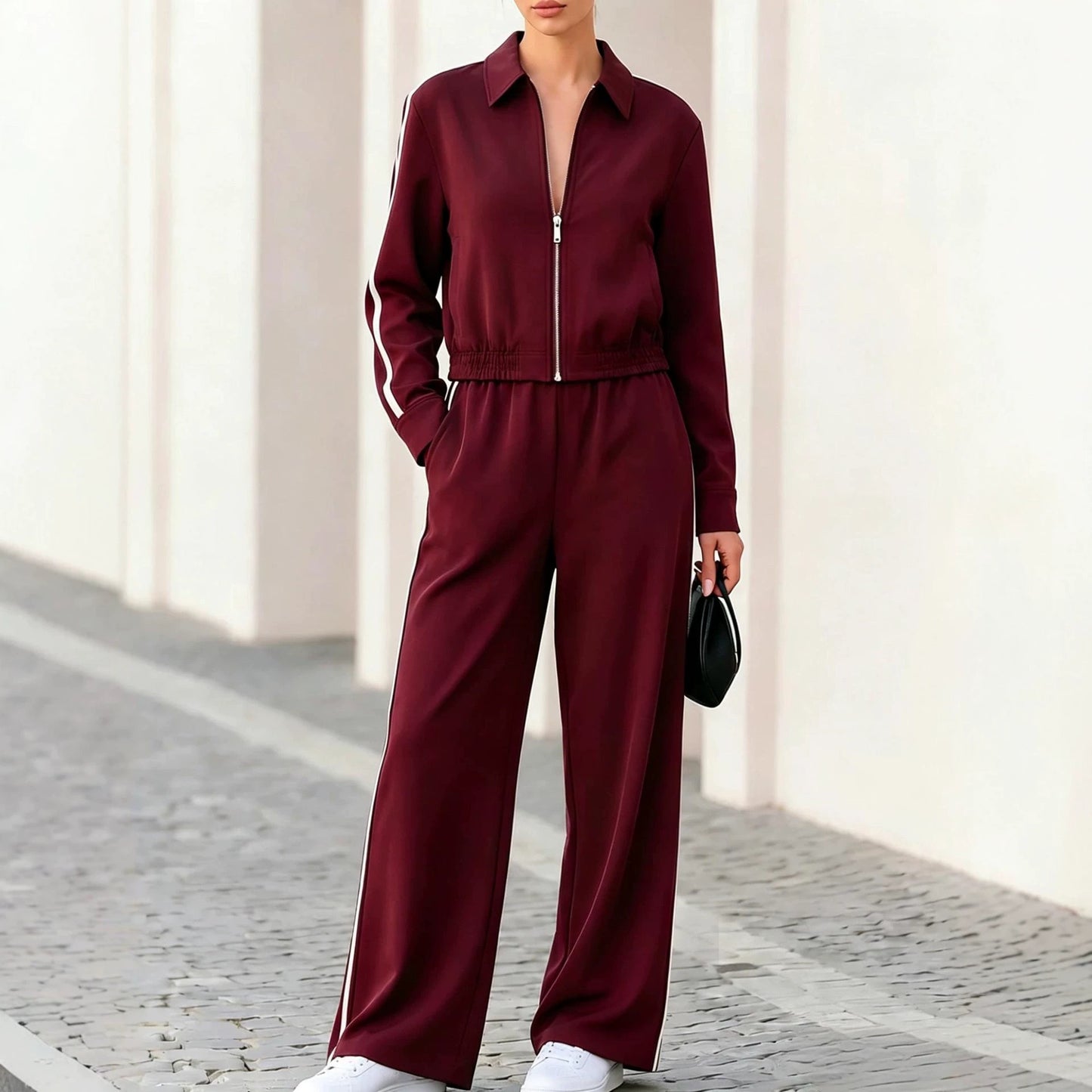 New Fallwinter Stand-collar Zip-up Short Sports Jacket And Side-striped Wide-leg Pants Two-piece Set