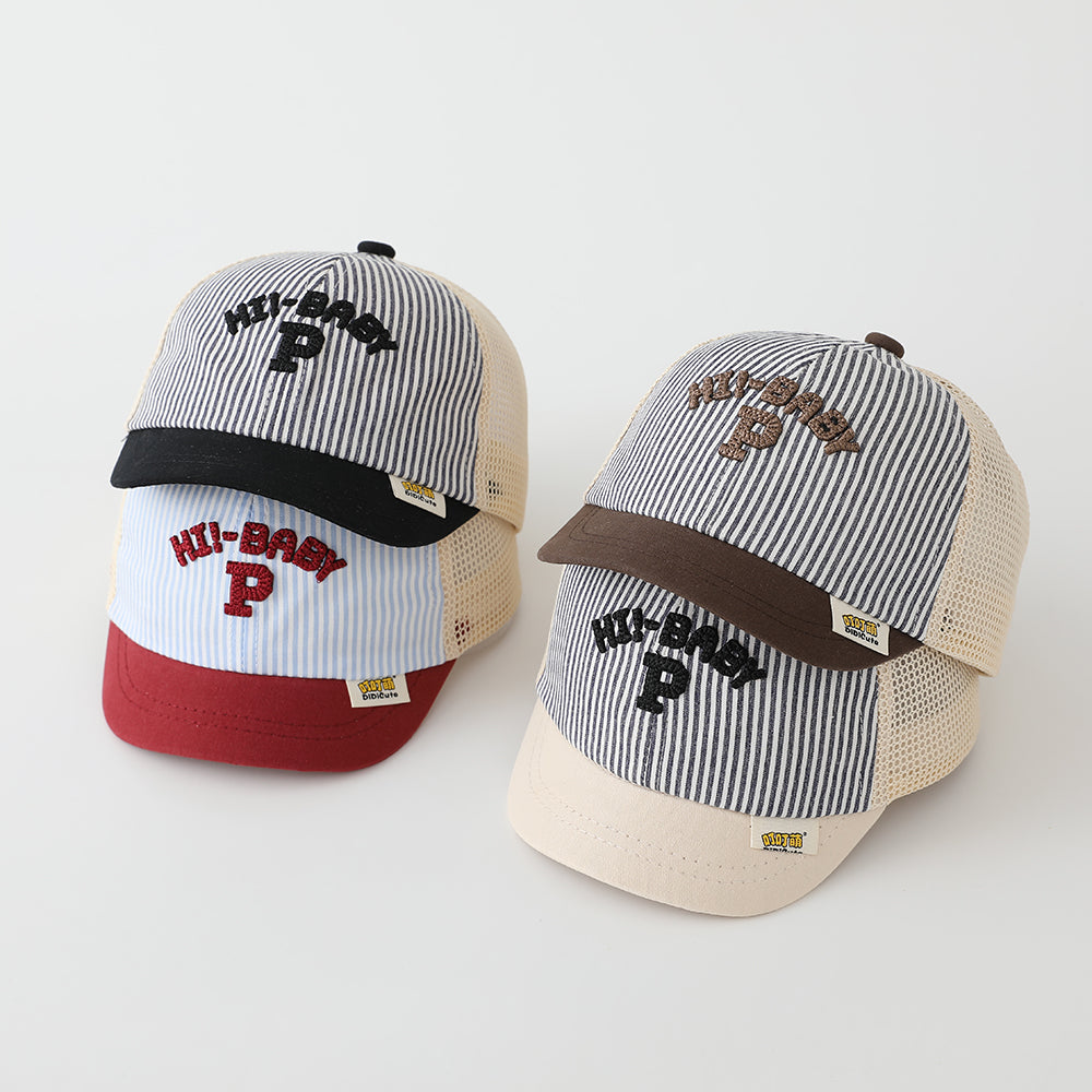 The New Children's Embroidered Letter P Vertical-striped Hat With Multi-color Design Is A Fashionable And Casual Baseball Cap Suitable For Outdoor Outings.