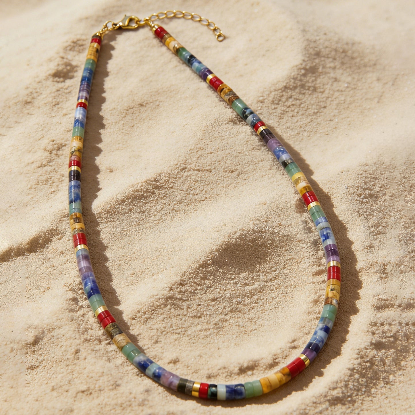 7 Chakra Heishi Bead Choker Necklace For Women, Colorful Natural Stone Tube Beads, Gold Extension Chain, Boho Jewelry Gift Daily Wear