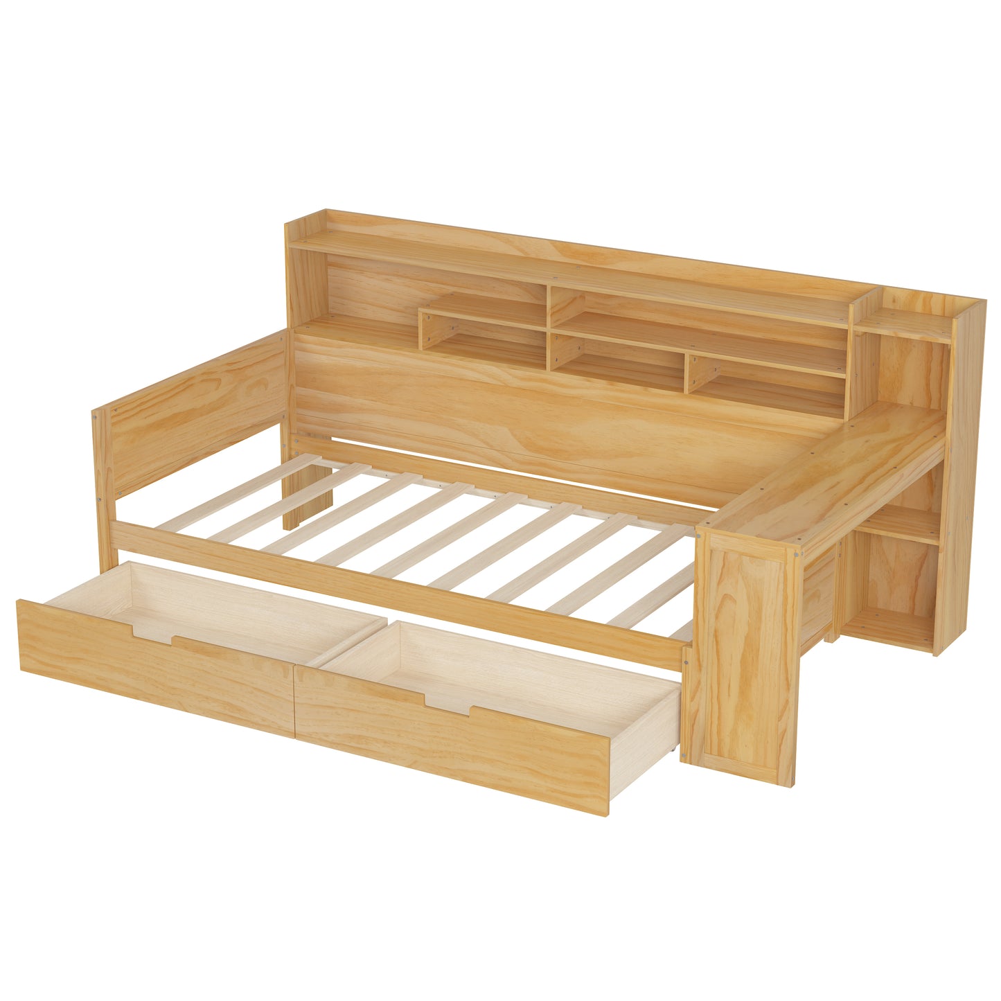 Wooden Twin Size Daybed With Storage Shelves, Multi-functional Bed With 2 Storage Drawers And  Study Desk, Natural