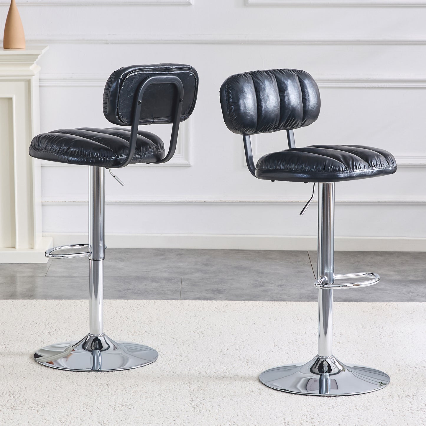 Set Of 2 Adjustable Height Bar Stools, Black PU Leather Upholstered With Chrome Base & Footrest, Modern Comfortable Stools For Kitchen Island, Home Bar, Game Room & Office Break Area