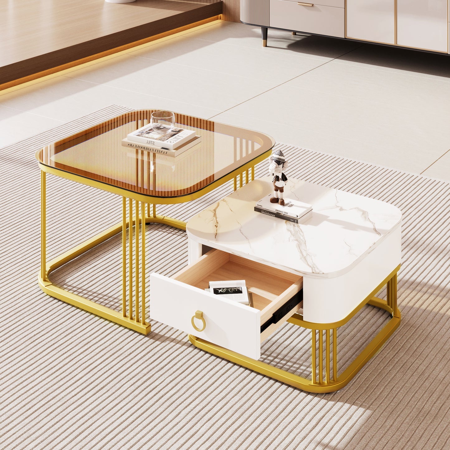 Stackable Coffee Table High-gloss Marble Look And Tea Brown Glass Top, Gold Accents, Side Table With Drawers. Two-piece Set