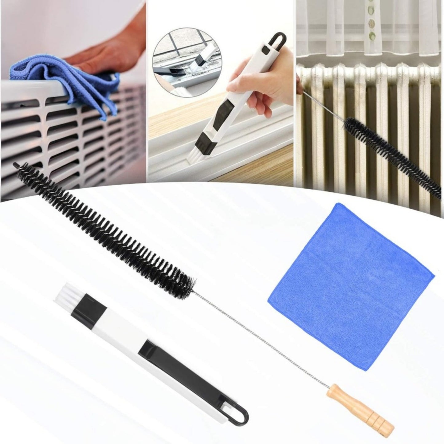 Radiator Brush Set, 3-piece Cleaning Set With A 70.5 Cm Brush, Black Grout Brush, And Blue Microfiber Cloth—a Handy Set For Radiators And Hard-to-reach Areas—hand Tools