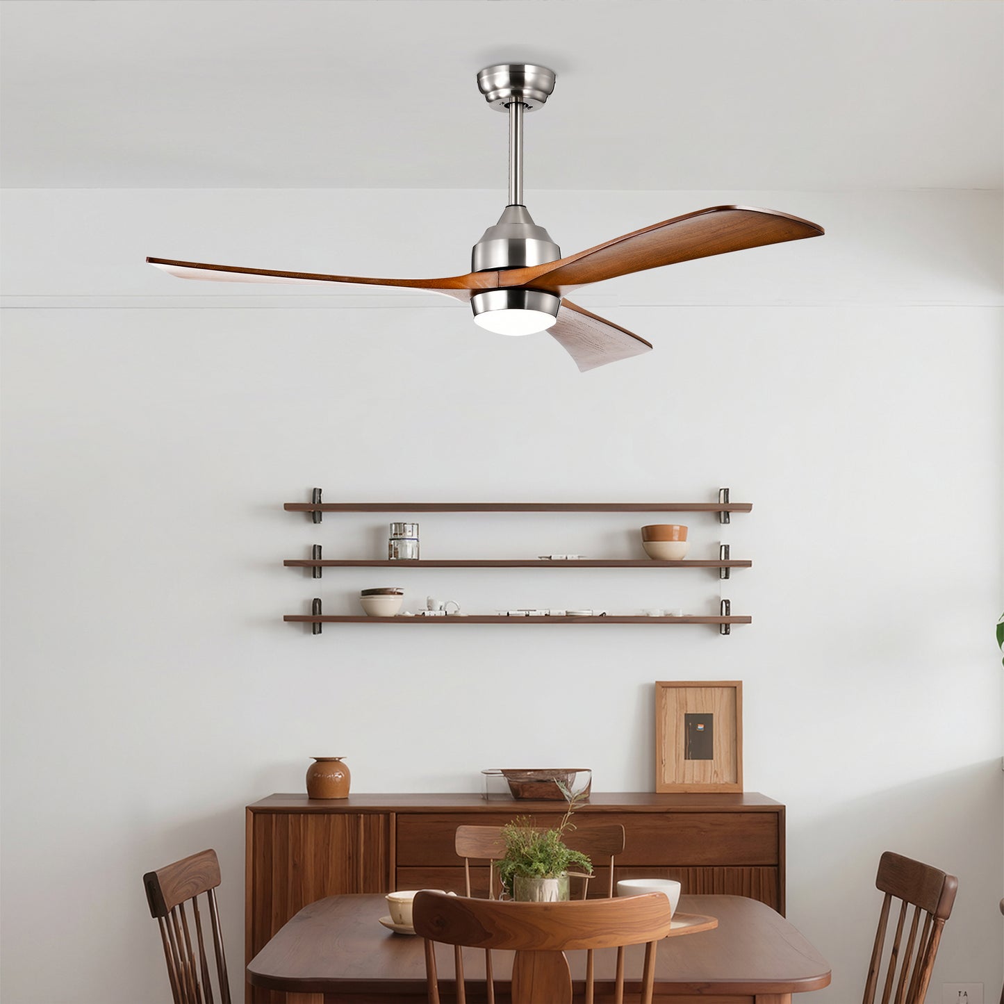 52in Solid Wood Blades Ceiling Fan With Lights Remote Control,Quiet DC Motor 3 Blade Ceiling Fans 6 Speed Levels,Reversible Ceiling Fan, For Patio Living Room, Bedroom, Office,Indoor.  Stain Nickel