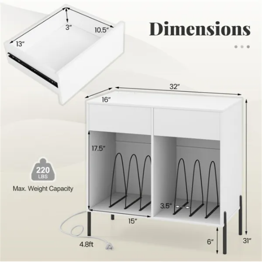 Record Player Storage Stand - Customizable Vinyl Compartments, Built-in Charging Station, Metal Legs & Floor-Protecting Pads