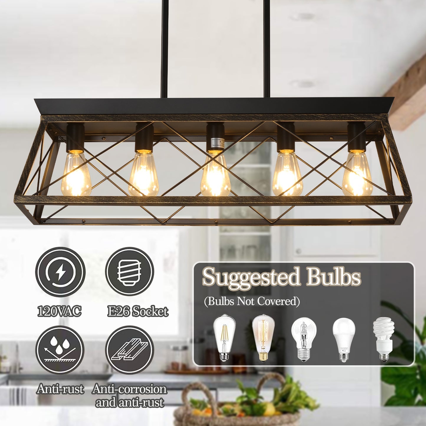 32in  Black Gold Industrial 5-Light Pendant Chandelier, Modern Metal Cage Design, Adjustable Hanging Light For Dining Room, Kitchen, Living Room  No Bulbs