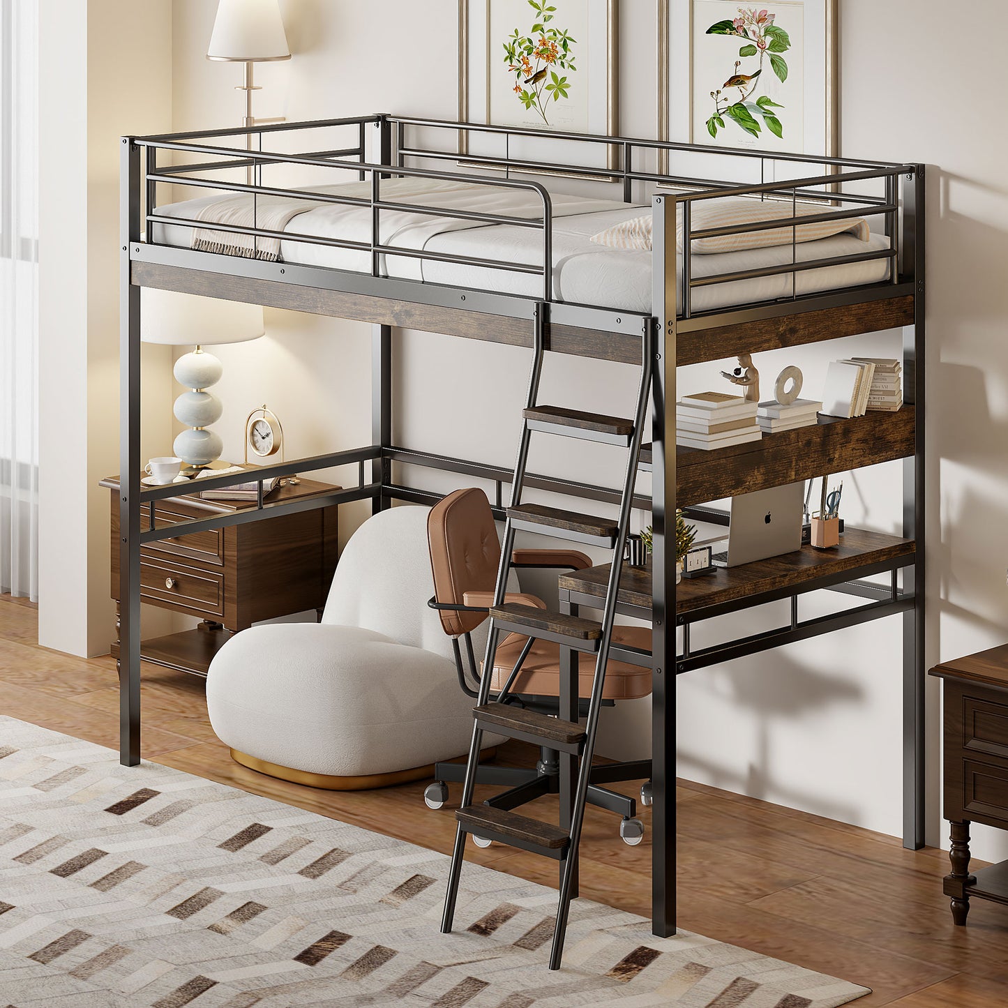 Loft Bed, 90X200cm , Without Mattress, Bed With Desk, Shelves, Railings, Ladder, Iron Frame, Black