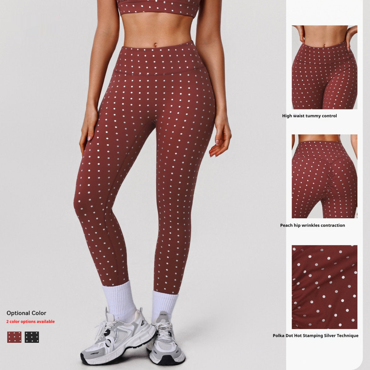 Womens High-Waisted Stretchy Silver-Hot-Stamped Polka-Dot Yoga Pants