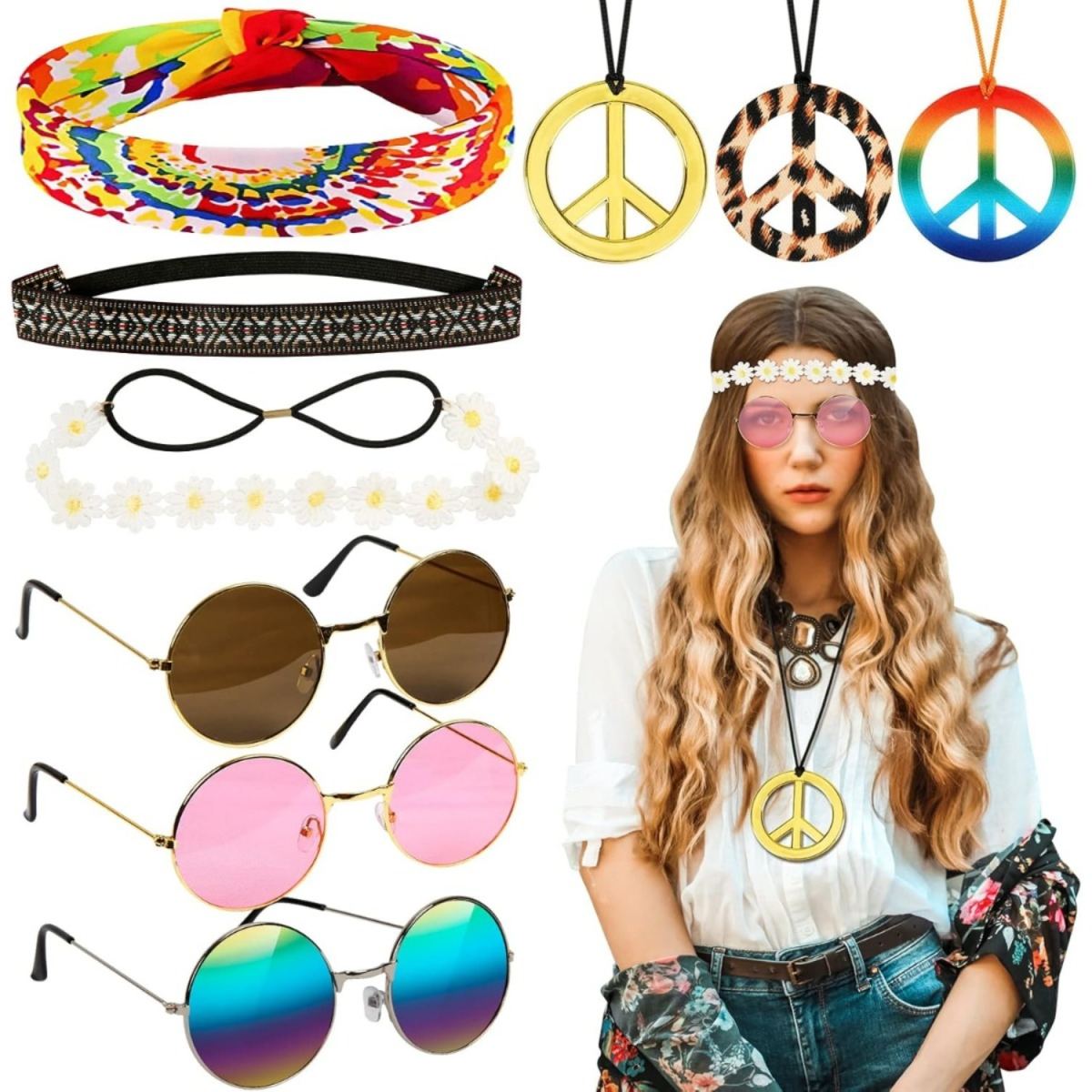 Hippie Costume Set,9 Pieces: 60s And 70s Retro Accessories,Including A Peace Sign Necklace,Boho Daisy Headband,and Hippie Vintage Glasses—Perfect For Theme Parties, The Beach,Travel,and Photography