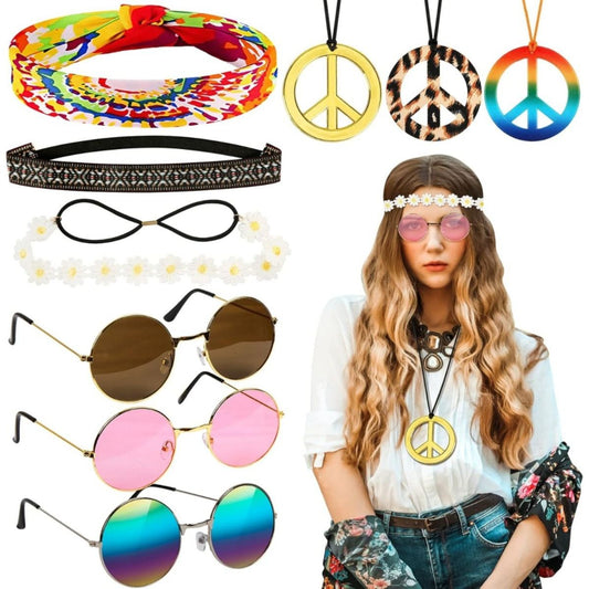 Hippie Costume Set,9 Pieces: 60s And 70s Retro Accessories,Including A Peace Sign Necklace,Boho Daisy Headband,and Hippie Vintage Glasses—Perfect For Theme Parties, The Beach,Travel,and Photography