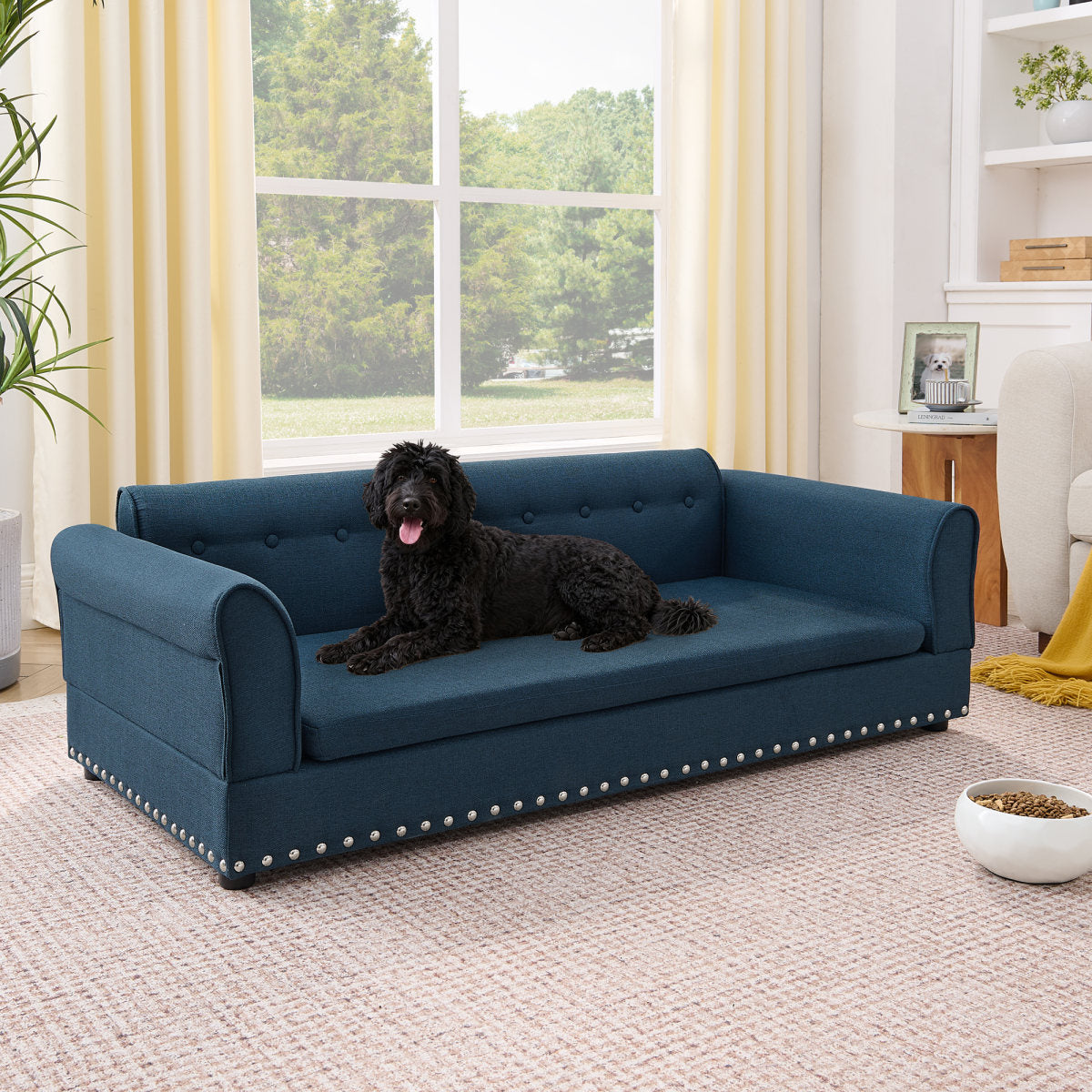 Oversized Pet Sofa ,Elegant Modern Linen Fabric Elevated Dog Sofa Bed, Comfortable Oversized Rectangular Pet Bed With Backrest & Armrest For Large & Oversized Dogs-Dark Blue