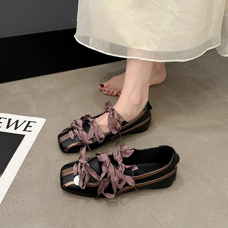 Women's French Minimalist Ballet Style Bowling Shoes, 2025 New Bow Lace-Up Mary Janes, Flat Sporty Pumps