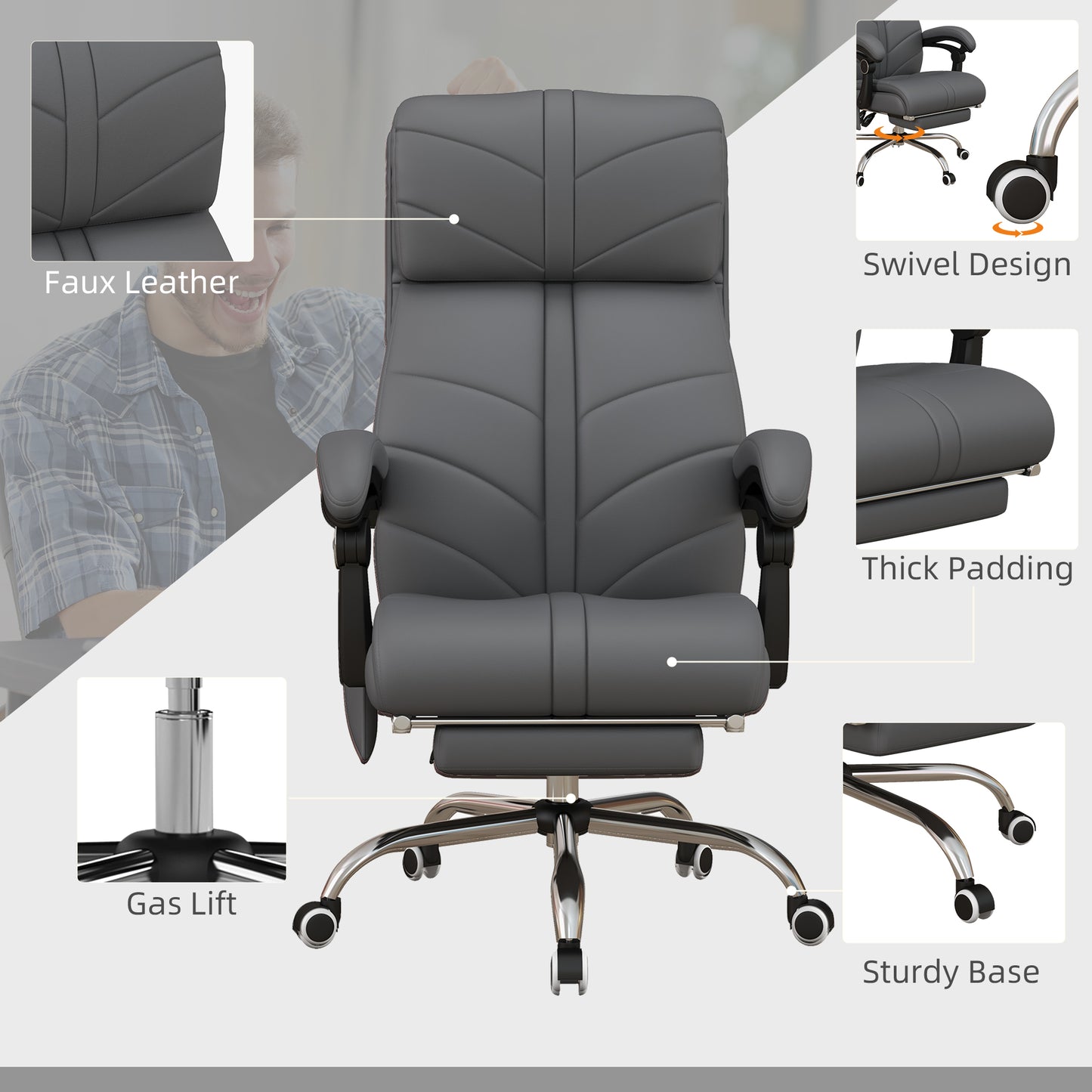 Vinsetto High Back Vibration Massage Office Chair, Heated Reclining PU Leather Computer Chair With Footrest, Grey