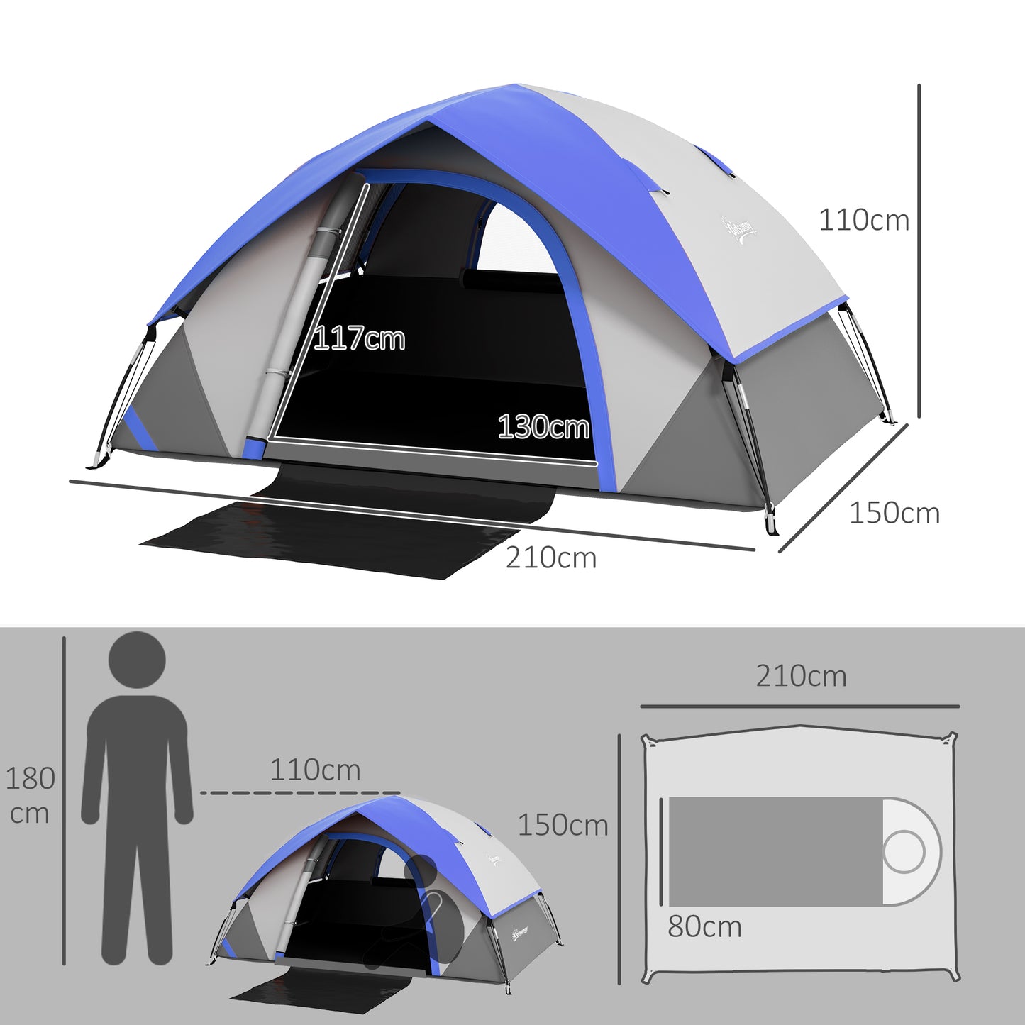 Two Man Single Room Dome Tent, With Accessories - Dark Blue/Grey