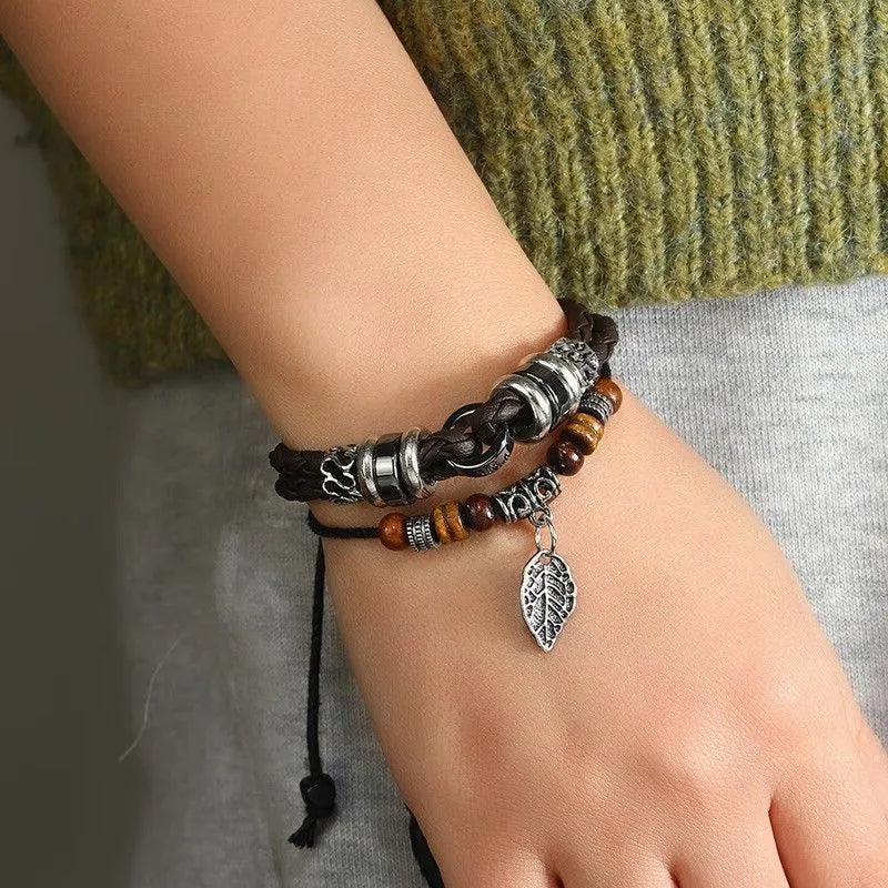 1pcs Double Layer Braided Leather Wooden Bead Leaf Charm Bracelet, Vintage Boho Ethnic Style, For Men Women Daily Outdoor Wear & Couple Holiday Gifts