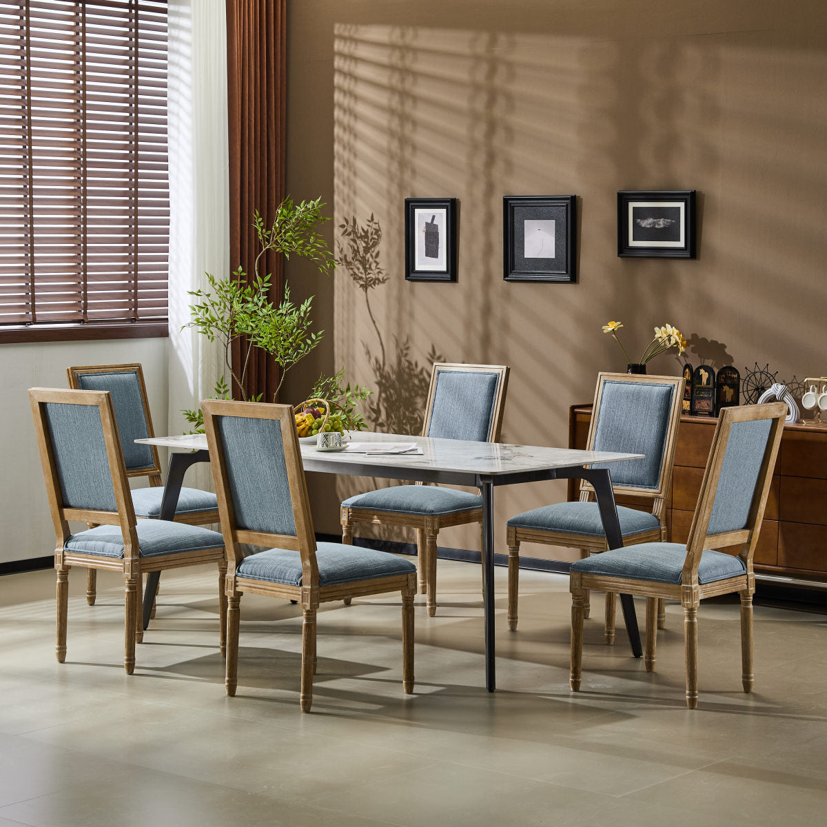[Set of 6] French Country Dining Chairs - Elegant Cane Backrest & Upholstered Seats with Fluted Legs - Rustic Weathered Finish - Solid Rubberwood Frame - Vintage Inspired Kitchen & Dining Room Chairs