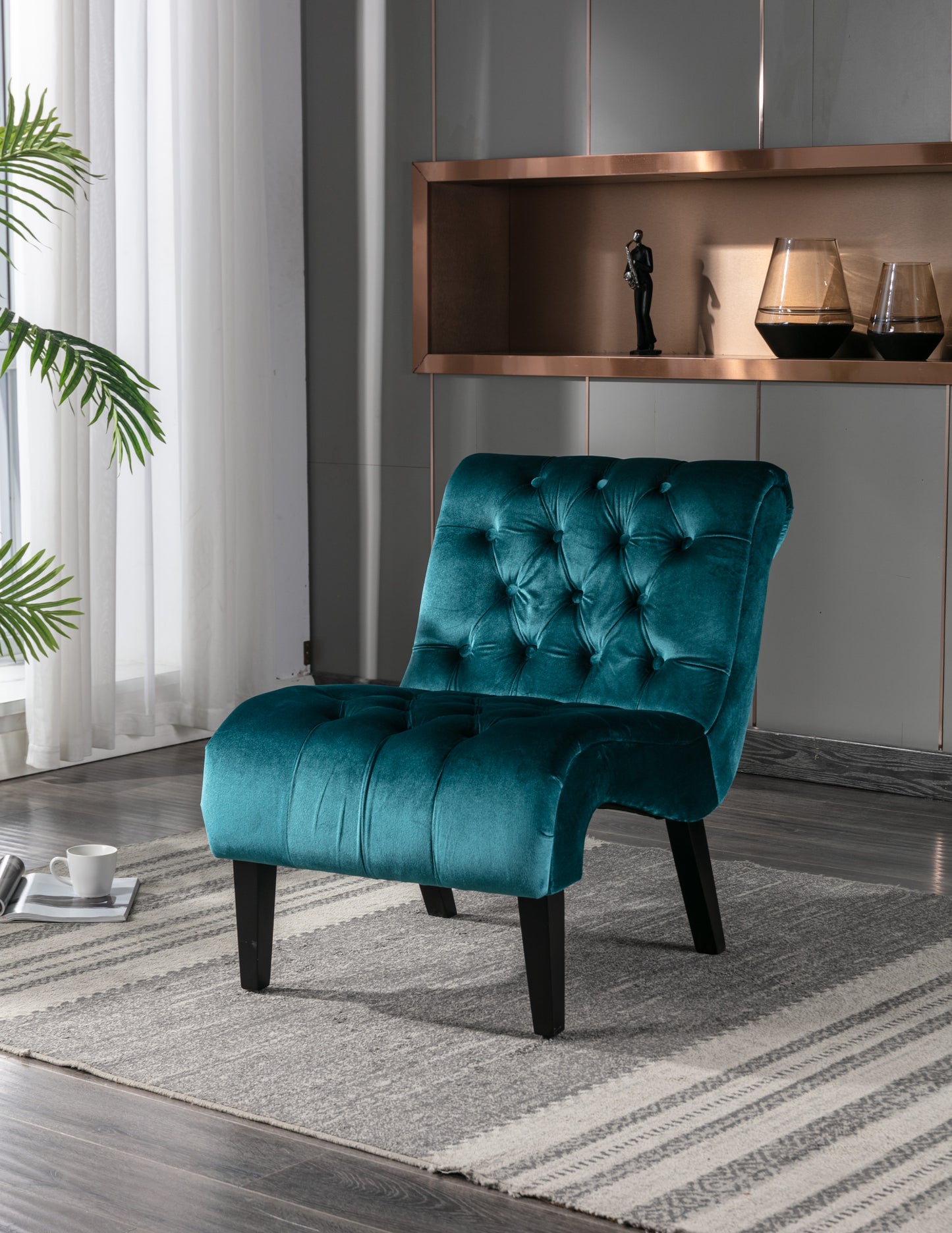 COOLMORE Modern Velvet Armless Accent Living Room Chair   Leisure Chair,Upholstered Fabric Button Comfortable Chair With Wooden Legs For Bedroom, Living Room, Office  Teal Velvet