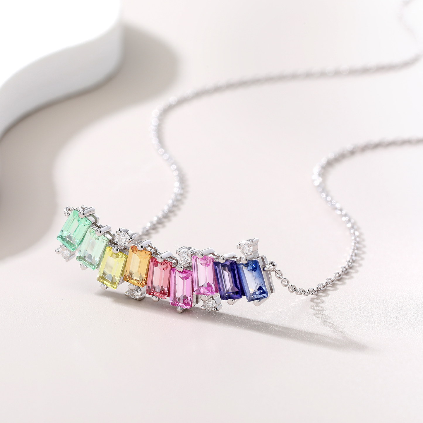 S925 Sterling Silver Rectangle Rainbow Lab-Grown Gemstone Necklace 45cm Platinum Plated With D Color VVS1 Moissanite GRA Certified Gift Box