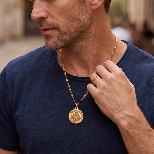 Saint Christopher Medal Coin Pendant Necklace, Gold Silver Two Tone Stainless Steel Curb Chain, Travel Religious Neck Jewelry, Men Women Faith Commute Holiday Gift