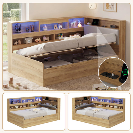 Daybed, Hydraulic Storage Bed, Children's Bed 90x200cm, Wooden Bed, Youth Bed, With USB Charging Station And LED Lighting, Natural Colour