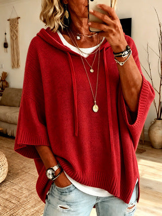New Knitted Hoodie With Drawstring, Loose Fit Outerwear Sweater