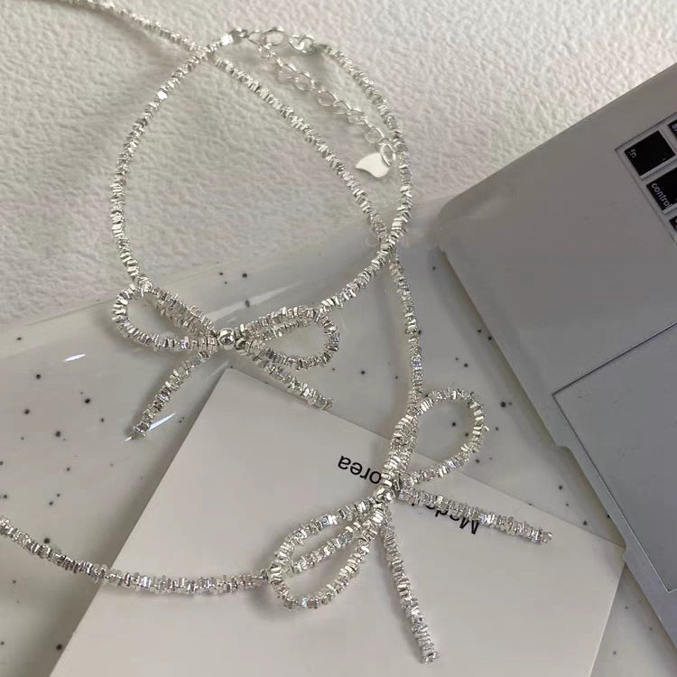 1 Set 999 Sterling Silver Bow Necklace And Bracelet Set, Shiny Minimalist Style, Perfect For Daily Wear And Valentine's Gift