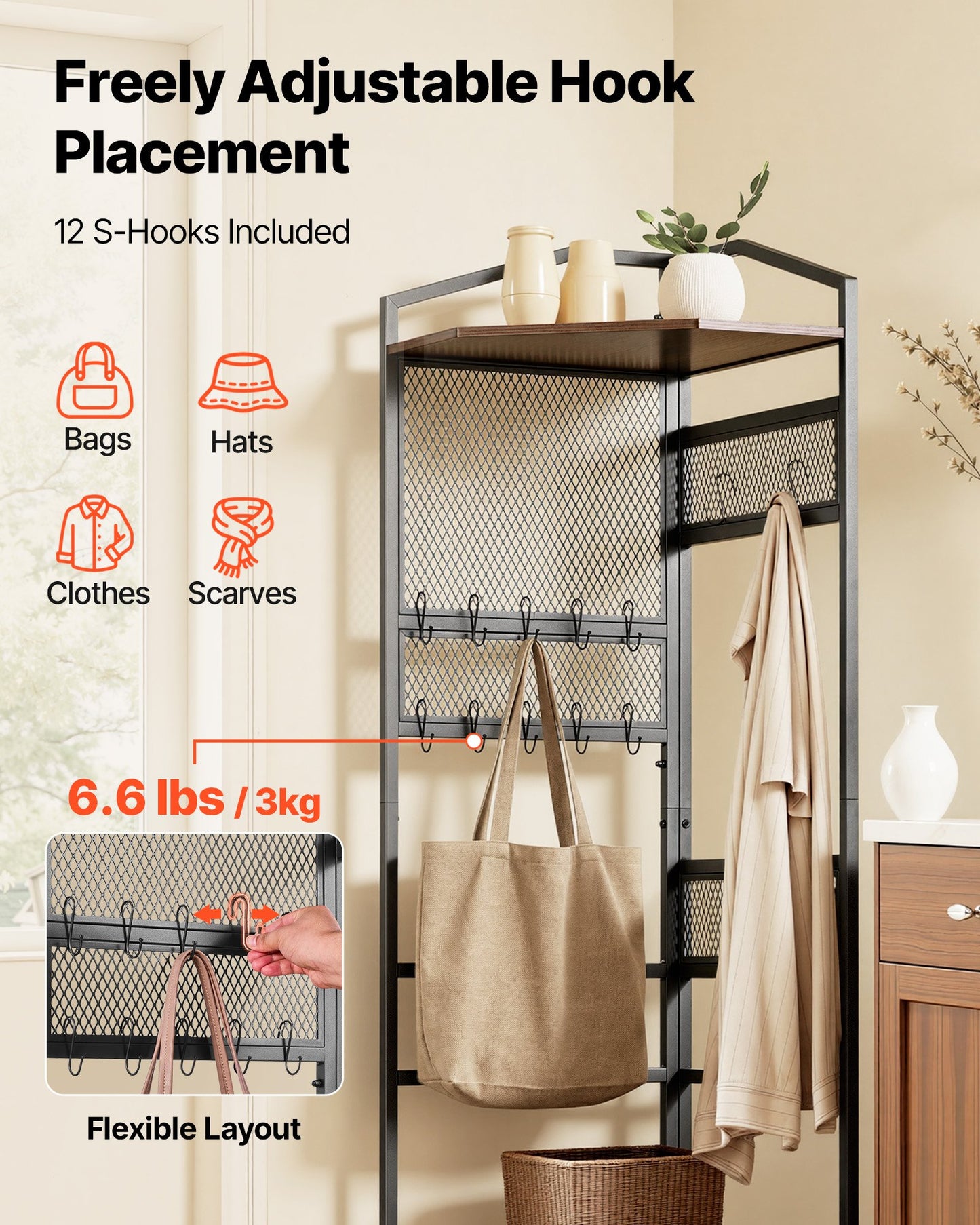 Corner Hall Tree, 71.3 In Coat Rack With Hooks, Top Shelf & Steel Frame, Freestanding Clothes Shoes Rack Storage Organizer With Anti-Tip Set, Adjustable Non-Slip Feet For Entrance Closet Office