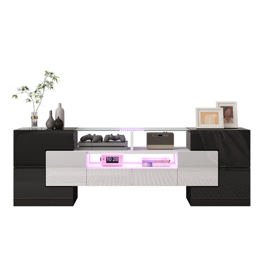 Stylish TV Cabinet, Lowboard. High-gloss White, 145 Cm, LED Lighting, Living Room Furniture. Modern Design. Elegant Glass Surface.