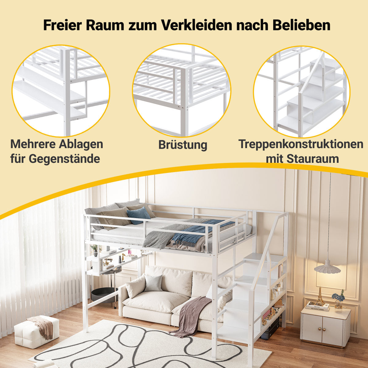 Loft Bed, 140x200cm, Shelves, Storage Ladder, Free Space Under The Bed For Dressing, Railing, Without Mattress, White