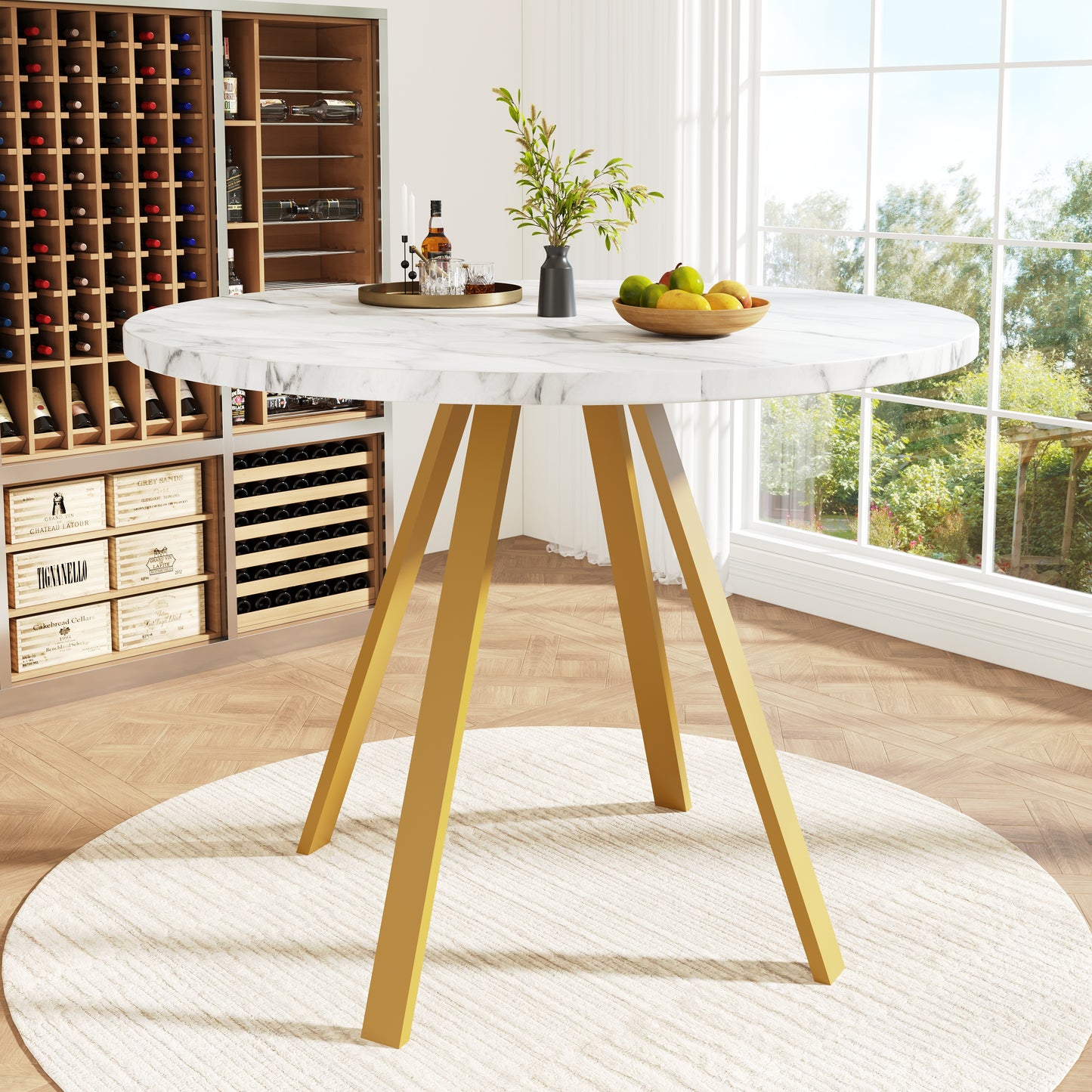 Round Dining Table  80x80x75cm , Kitchen Dining Table, Round Coffee Table For 4 People, Suitable For Dining Room, Living Room, Metal Table Legs, White Marble Pattern And Golden Table Legs