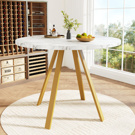 Round Dining Table  80x80x75cm , Kitchen Dining Table, Round Coffee Table For 4 People, Suitable For Dining Room, Living Room, Metal Table Legs, White Marble Pattern And Golden Table Legs